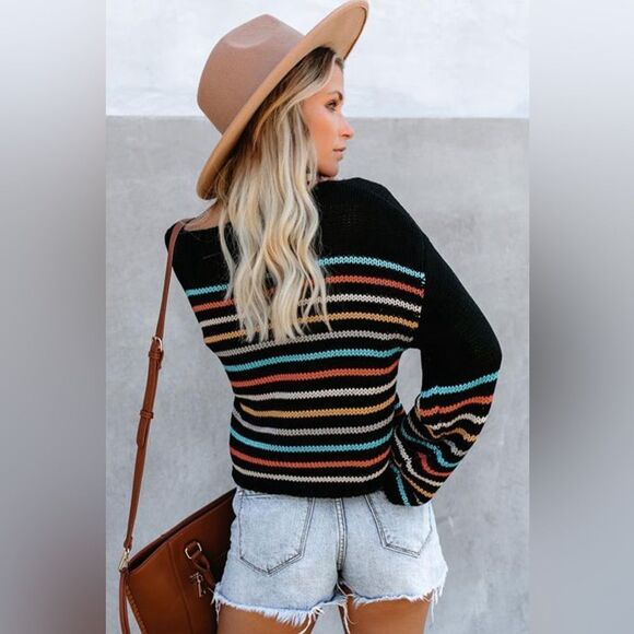 Lattes and Leaves Black Rainbow Stripe Pattern Sweater - Picture 3 of 10